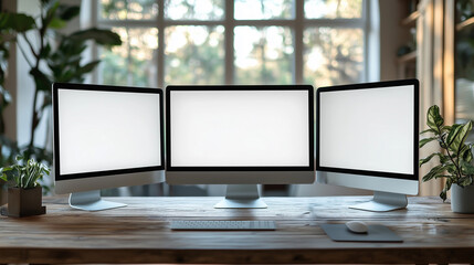 Three blank computer screens on wooden desk in cozy home office with natural daylight and mock up white displays for design and productivity concepts. 