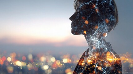 Poster - Double Exposure Portrait of Businesswoman with Neural Network Overlay