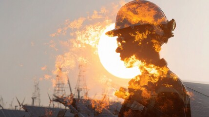 Poster - Double Exposure of Engineer Silhouette with Solar Flare Background