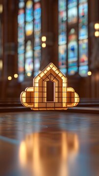 Illuminated Wooden Architectural Symbol on Reflective Surface in Church Setting