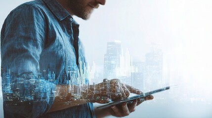 Poster - Entrepreneur Analyzing Graphs on Tablet with Cityscape Background