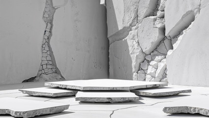 Poster - Crumbling walls reveal an artistic installation with layered concrete platforms in a minimalist space at an abandoned site
