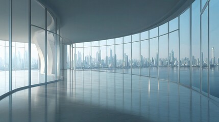 Poster - Panoramic Office View with Merging Skyline Through Large Windows
