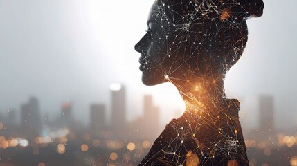 Poster - Double Exposure of Businesswoman with Neural Network Elements