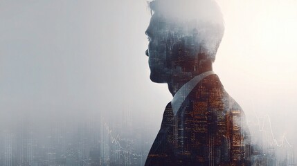 Poster - Double Exposure of CEO Overlooking Cityscape with Merged Images