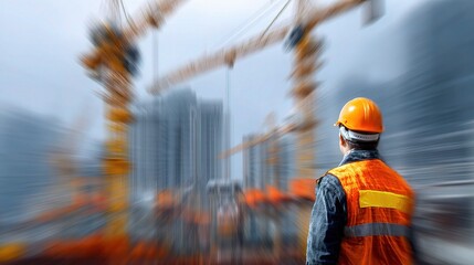 Poster - Builder Overseeing Construction Site with Cranes and Steel Bars