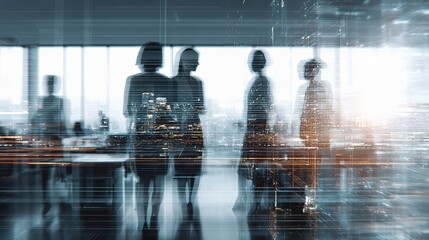 Poster - Double Exposure of Office Team with Light Trails and City Background