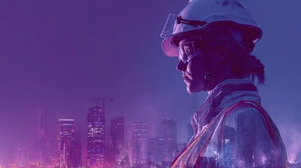 Poster - Female Construction Worker Overlooking City Skyline At Dusk