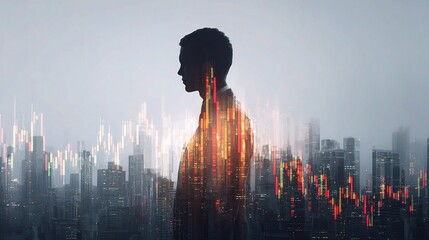 Poster - Investor Silhouette Against Urban Landscape with Financial Charts Overlay