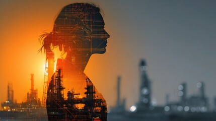 Poster - Female Engineer Silhouette Against Nighttime Industrial Background