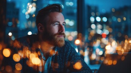 Poster - Contemplative Freelancer in Coworking Space with City Lights
