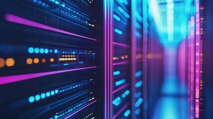 Poster - Vibrant corridor of glowing server racks with blue, pink, and orange lights in a futuristic data center, perfect for cloud computing, cybersecurity, and digital network themes