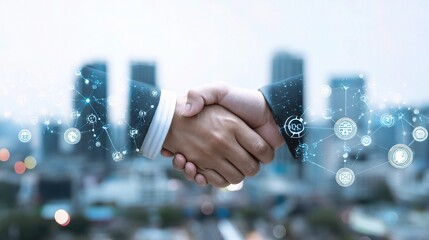 Poster - Business Handshake in Abstract Urban Scene with Digital Overlay