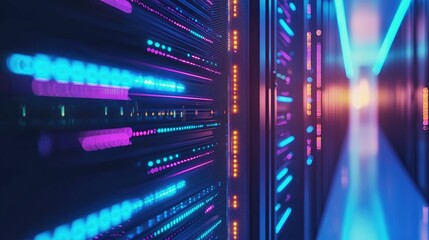 Fototapete - Colorful neon-lit data center corridor with glowing server racks in blue, purple, and orange tones, ideal for illustrating advanced cloud computing and digital infrastructure