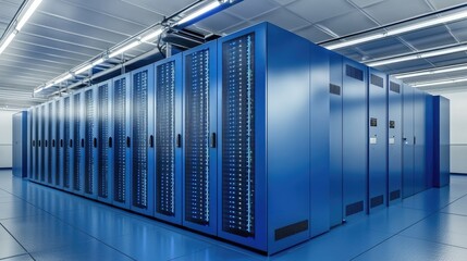 Leinwandbilder - Large blue data center interior with rows of illuminated secure server cabinets, showcasing modern enterprise infrastructure for cloud computing and IT operations