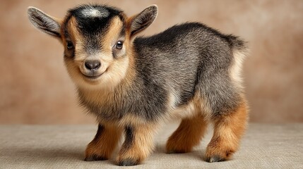 Canvas Print -   A small brown-and-black goat stands atop a brown floor beside two brown and white walls, and a tan wall