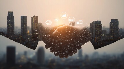 Poster - Business Handshake with KPI Icons Against City Skyline Background