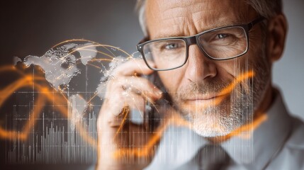 Poster - Businessman with Glasses Using Phone and Analyzing Chart Data