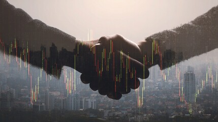 Poster - Business Partnership Gesture with Chart Overlay and City Skyline