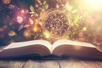 open book, mystical symbols, floral elements, glowing light