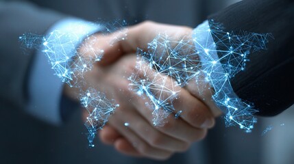 Poster - Businesspeople Handshake with Digital World Map Overlay Concept