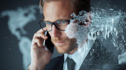 Poster - Businessman with Glasses on Phone Analyzing Chart Data and Trends