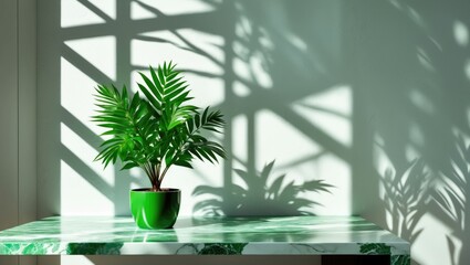 Poster - Desk featuring a small green plant and shadowed white wall.