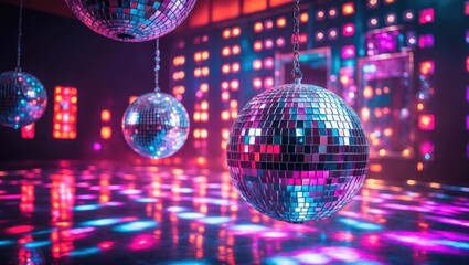 Wall Mural - In a brightly illuminated hall, disco balls dangle from above, reflecting various shades of pink, purple, red, and blue through endless tiny square mirrors