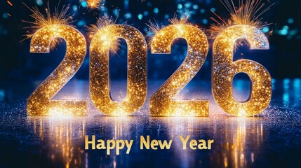 Wall Mural - golden glittering 2026 against a sparkling blue background with fireworks for new year.