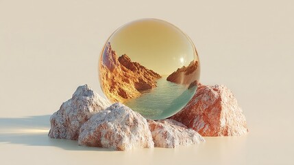 Wall Mural - a glass ball perched atop a mound of stones, beside a waterway, and surrounded by towering peaks