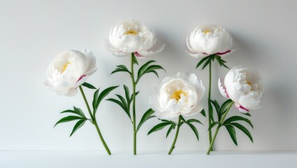 Wall Mural - isolated peony stem featuring leaves and flower on a white background for clipping