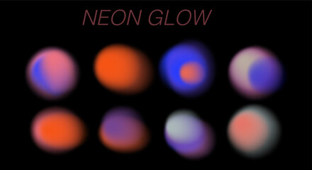 Poster - Vector illustration in aura gradient style, featuring soft, glowing abstract orbs in vibrant orange, purple, blue, and pink tones on a black background. Trendy look for digital and creative designs.