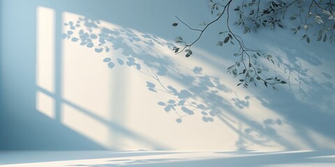 Poster - Shadows of leaves casting tranquil patterns on a light blue wall in a serene indoor setting during daylight hours