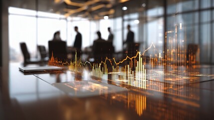 Poster - Modern Office Meeting with Transparent Graph Overlays on Table