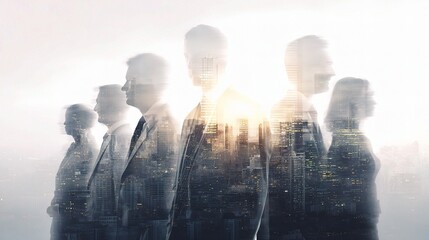 Poster - Business Professionals Stand Before Urban Skyline in Layered Image