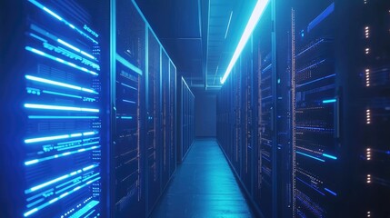 Poster - Modern data center hallway with glowing blue LED server lights and polished floor, ideal for visualizing cloud technology, cybersecurity, AI systems, and digital infrastructure