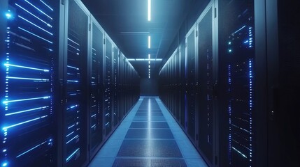 Fototapete - Dimly lit data center hallway with glowing blue server racks and vented floor panels, perfect for visualizing secure cloud systems, AI computing, and digital infrastructure concepts