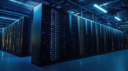 Poster - Dark modern data center with glowing blue and yellow server lights and structured cabling, ideal for IT infrastructure, cloud computing, and cybersecurity environments