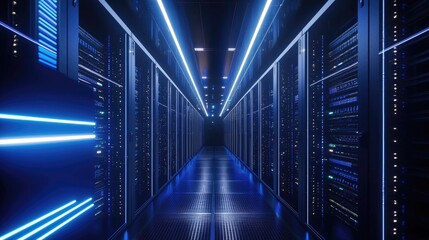 Poster - Futuristic data center corridor with glowing blue server racks and reflective floor panels, perfect for cloud computing, cybersecurity, AI, and modern tech infrastructure themes