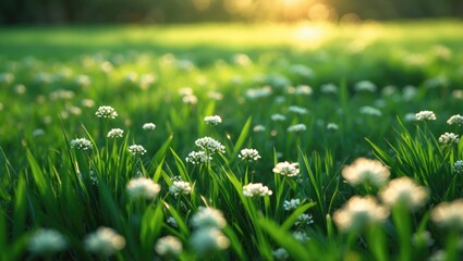 Wall Mural - Summer meadow featuring White Clover flowers (Trifolium repens, Ladino, Dutch) in detail. Green grass field bathed in evening light. Gorgeous landscape scenery. Weed control practices in the lawn.