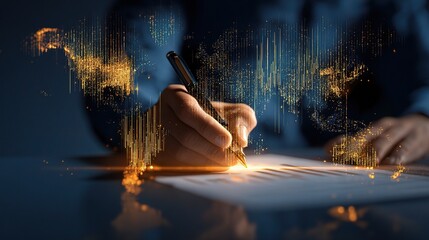 Poster - Financial Advisor Writing Notes Merged with World Map Illustration