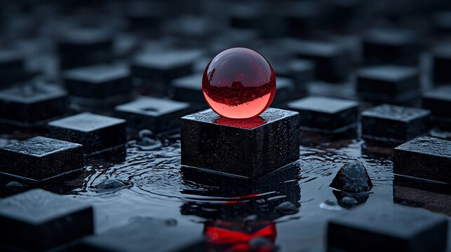 Red sphere on dark cubes, water reflection