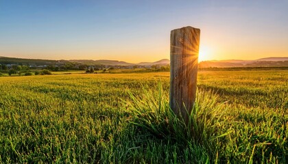 Aufkleber - sunlit rural field with wooden post and glowing sunset over rolling hills for nature-themed print, landscape web design, travel branding, or environmental presentation background

