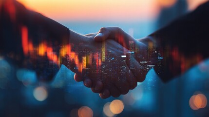 Poster - Handshake Symbolizing Collaboration over a Cityscape with Digital Effects