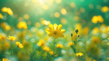 Poster - Detailed view of a yellow bloom on a hazy green background with sunlight, featuring copy space for a natural flora landscape, ecology cover design.