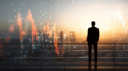 Poster - Businessman on Rooftop Terrace Overlooking City Market Data Trends