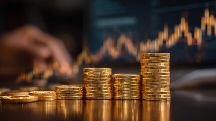 Poster - Golden Coins Stacked on a Cryptocurrency Dashboard Background