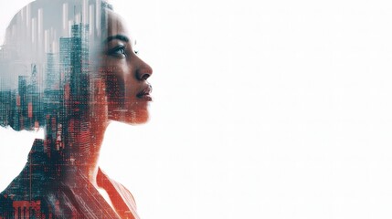 Poster - Double Exposure Portrait of Female Executive with Cityscape Overlay