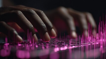 Poster - Close Up of Hands Typing on Keyboard with Glowing Magenta Effects