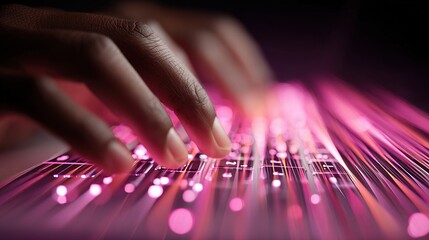 Poster - Close-up of Hands Typing on Keyboard with Glowing Magenta Lights